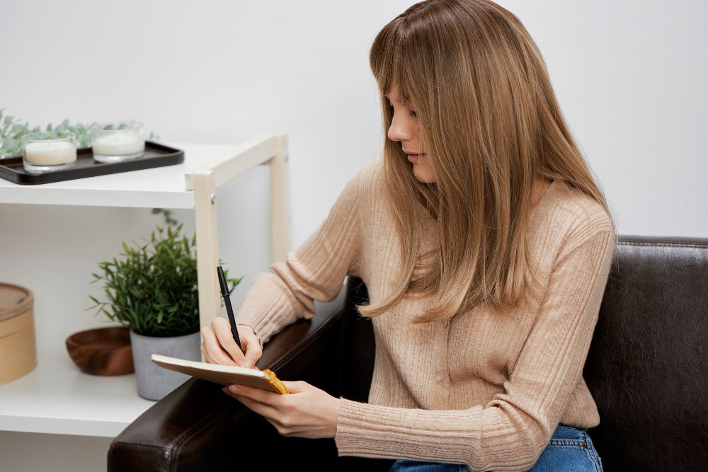 woman taking notes in therapy